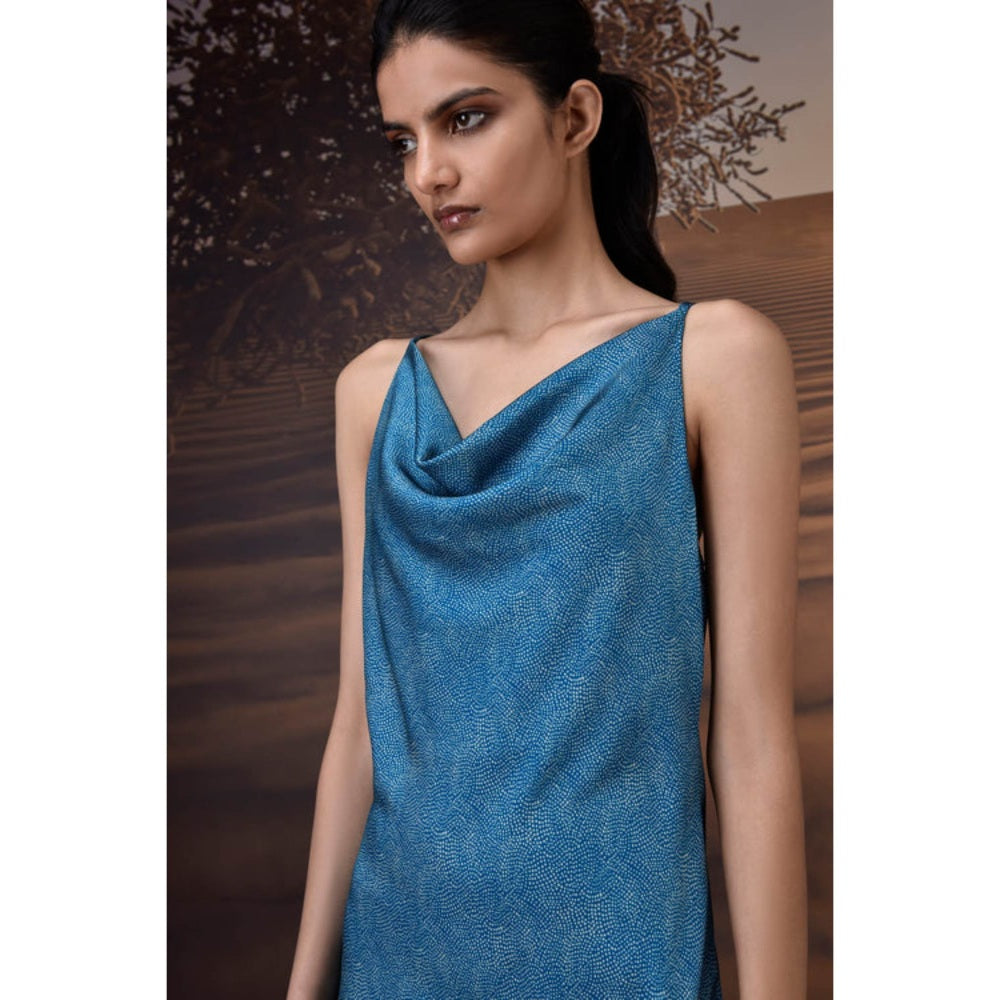 Genes Lecoanet Hemant Retro Blue Satin Cowl Neck Dress