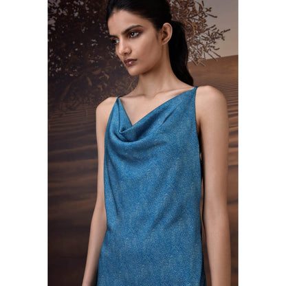 Genes Lecoanet Hemant Retro Blue Satin Cowl Neck Dress