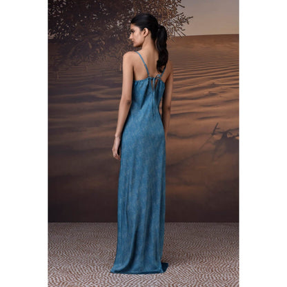 Genes Lecoanet Hemant Retro Blue Satin Cowl Neck Dress