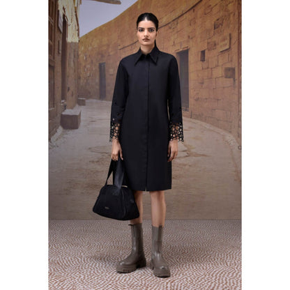 Genes Lecoanet Hemant Black Poplin Shirt Dress With Cutwork Sleeves