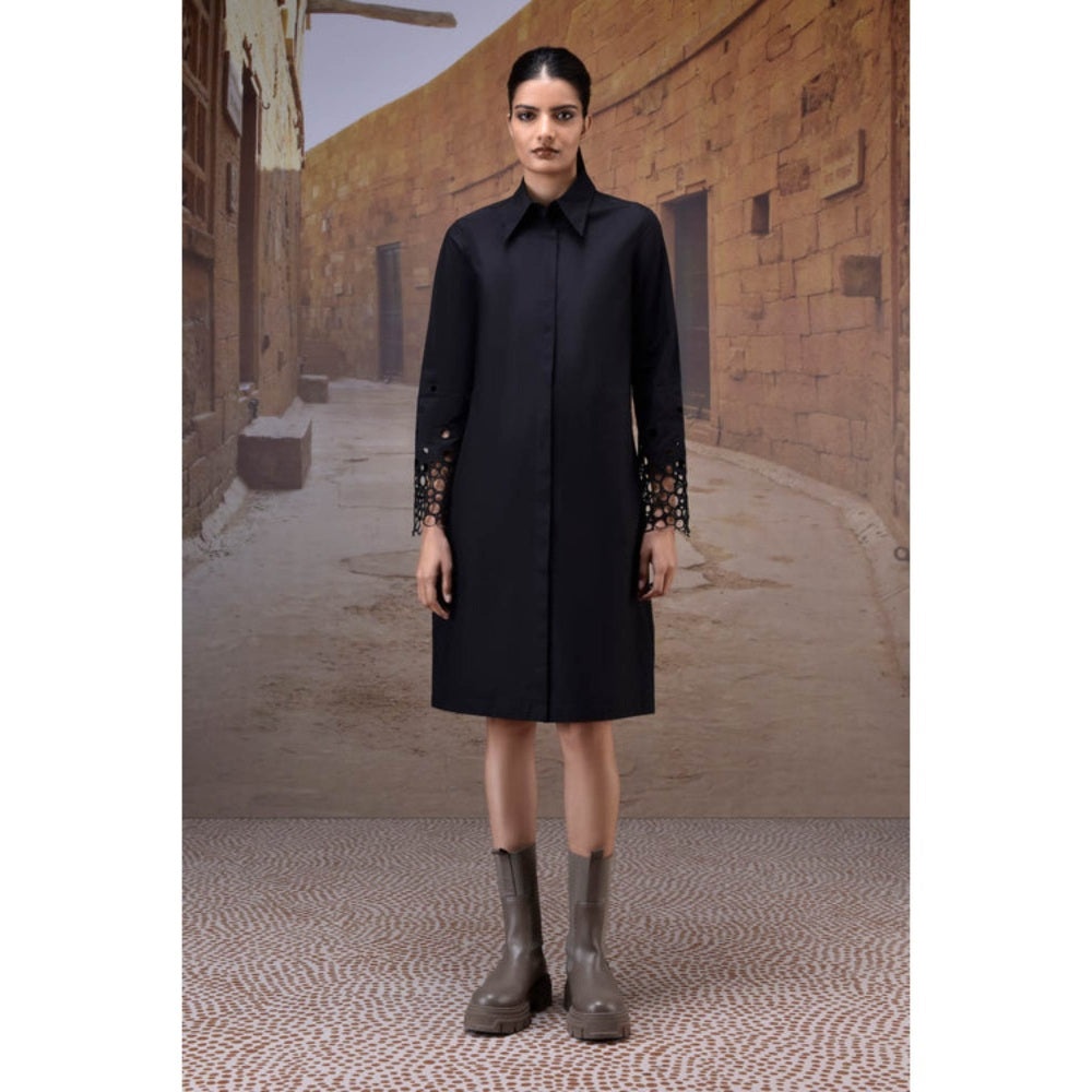 Genes Lecoanet Hemant Black Poplin Shirt Dress With Cutwork Sleeves