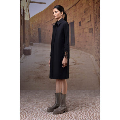 Genes Lecoanet Hemant Black Poplin Shirt Dress With Cutwork Sleeves