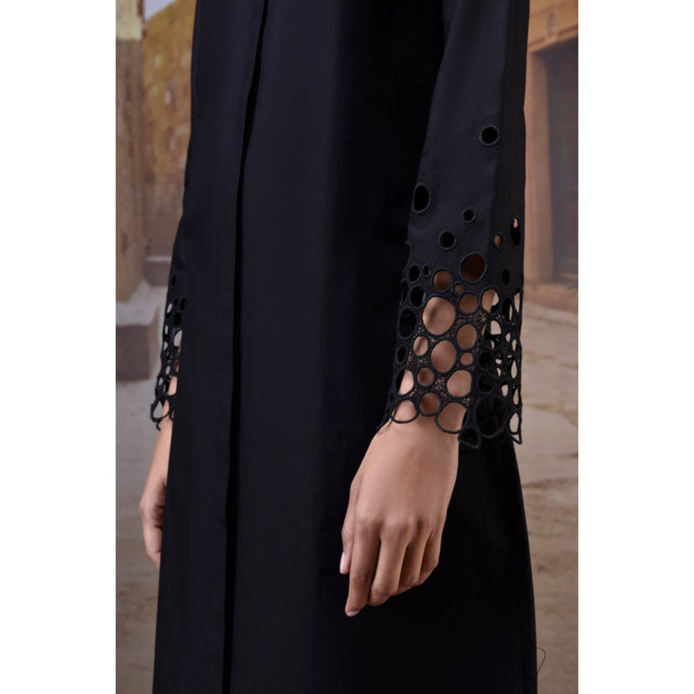 Genes Lecoanet Hemant Black Poplin Shirt Dress With Cutwork Sleeves