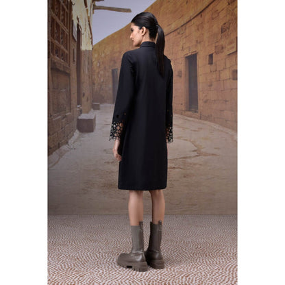 Genes Lecoanet Hemant Black Poplin Shirt Dress With Cutwork Sleeves