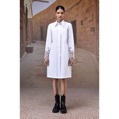 Genes Lecoanet Hemant White Poplin Shirt Dress With Cutwork Sleeves