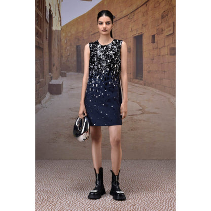 Genes Lecoanet Hemant Navy Poly Wool Sequin Embellished Sleeveless Dress