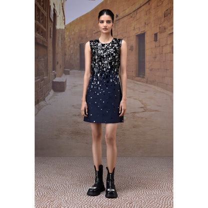 Genes Lecoanet Hemant Navy Poly Wool Sequin Embellished Sleeveless Dress