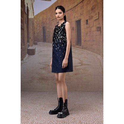 Genes Lecoanet Hemant Navy Poly Wool Sequin Embellished Sleeveless Dress