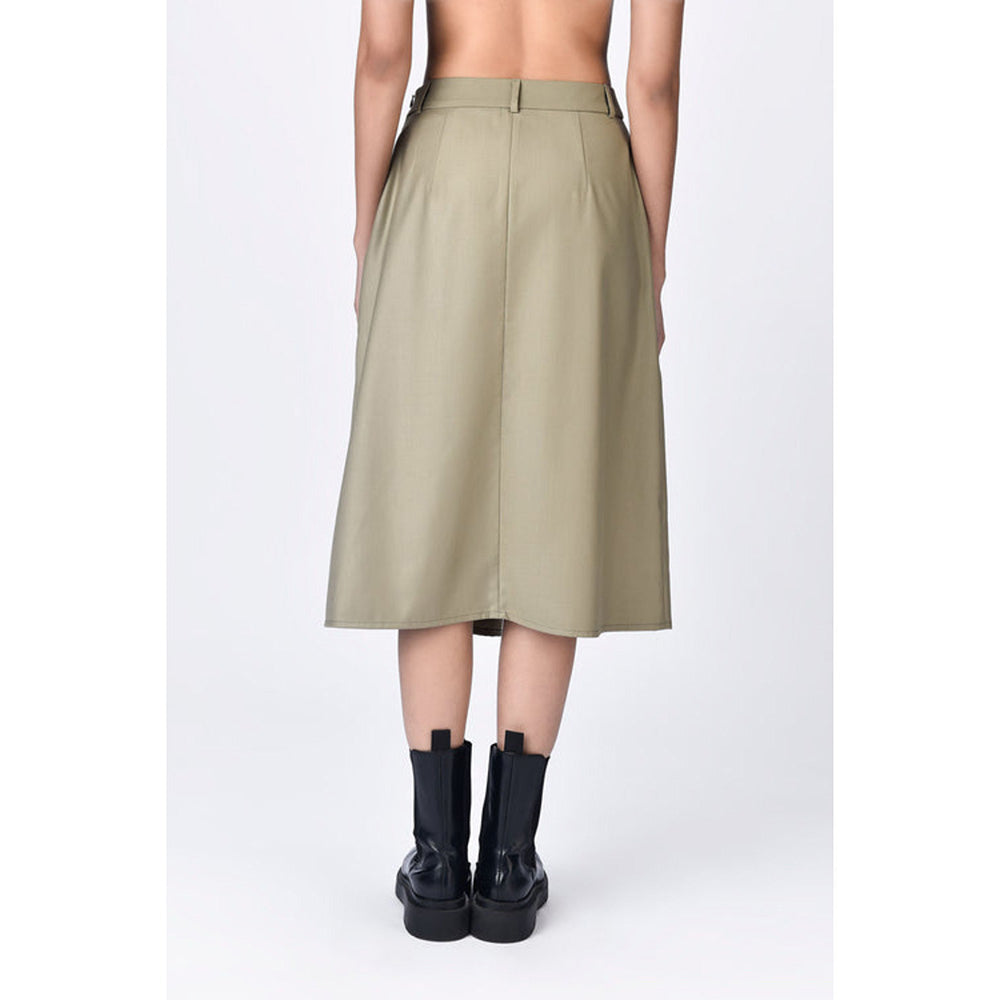Genes Lecoanet Hemant Olive Wool Solid/Plain Midi Skirt