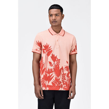 Genes Lecoanet Hemant Men's Regular Fit Polo T-Shirt With Tropical Print-Light Peach
