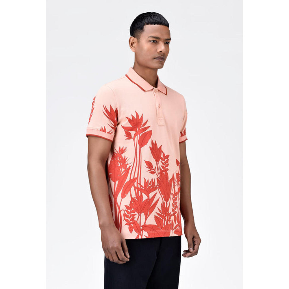 Genes Lecoanet Hemant Men's Regular Fit Polo T-Shirt With Tropical Print-Light Peach