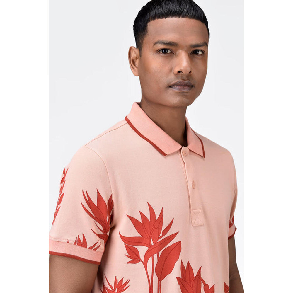Genes Lecoanet Hemant Men's Regular Fit Polo T-Shirt With Tropical Print-Light Peach