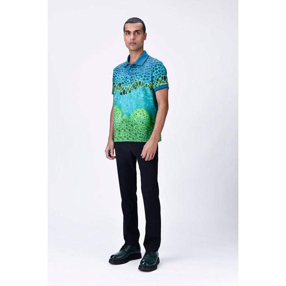 Genes Lecoanet Hemant Cotton Pique Polo T-Shirt With Microcell Print And Contrast Collar - Blue Green