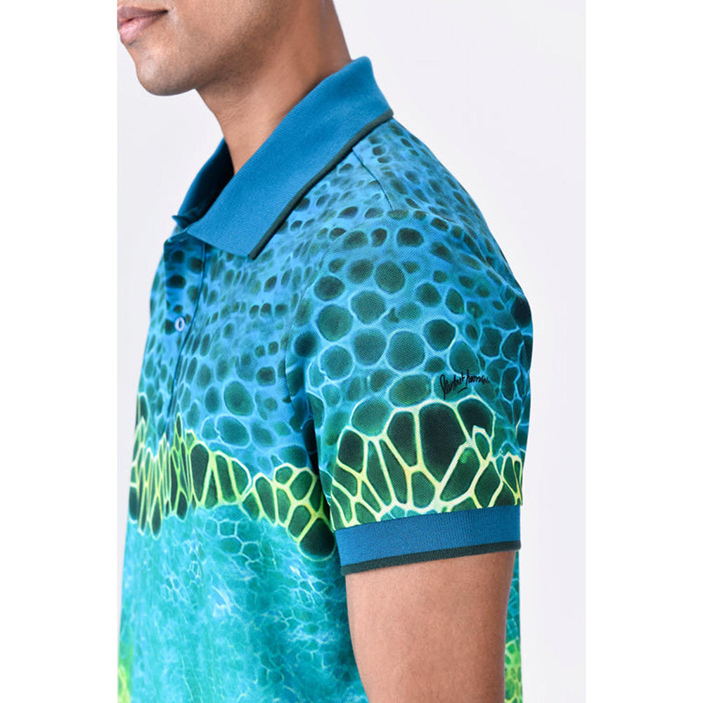 Genes Lecoanet Hemant Cotton Pique Polo T-Shirt With Microcell Print And Contrast Collar - Blue Green