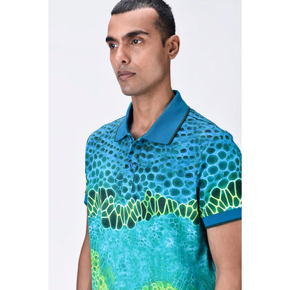 Genes Lecoanet Hemant Cotton Pique Polo T-Shirt With Microcell Print And Contrast Collar - Blue Green