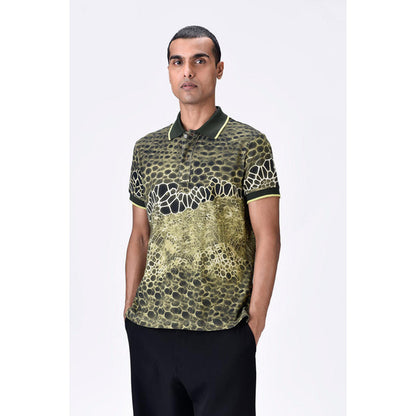 Genes Lecoanet Hemant Cotton Pique Polo T-Shirt With Microcell Print And Contrast Collar - Clay Green