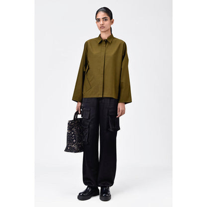 Genes Lecoanet Hemant Cotton Poplin Oversized Shirt With Batwing Sleeves Khaki