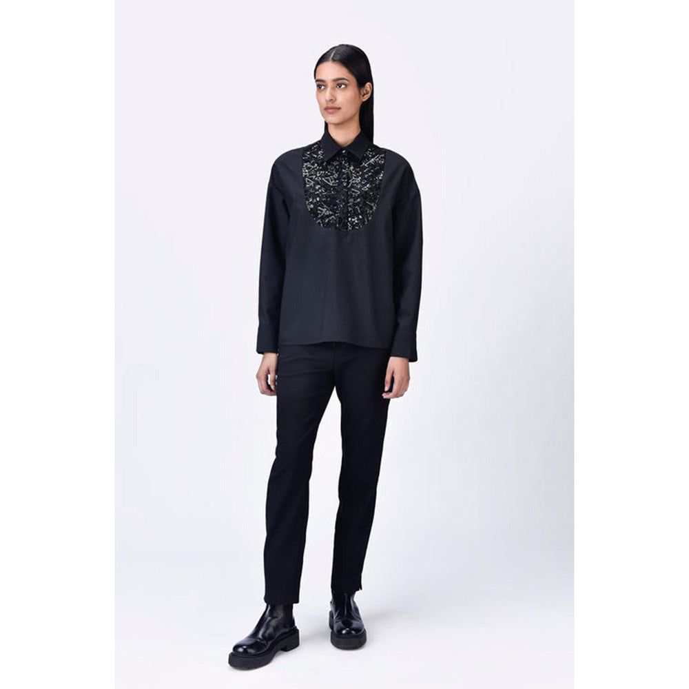 Genes Lecoanet Hemant Black Poly Wool Relaxed Fit Shirt With Embroidered Tulle Yoke