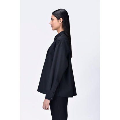 Genes Lecoanet Hemant Black Poly Wool Relaxed Fit Shirt With Embroidered Tulle Yoke