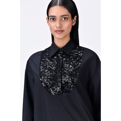 Genes Lecoanet Hemant Black Poly Wool Relaxed Fit Shirt With Embroidered Tulle Yoke