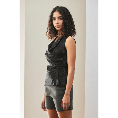 Genes Lecoanet Hemant Slim Fit Sleeveless Top With Gather Detail-Black