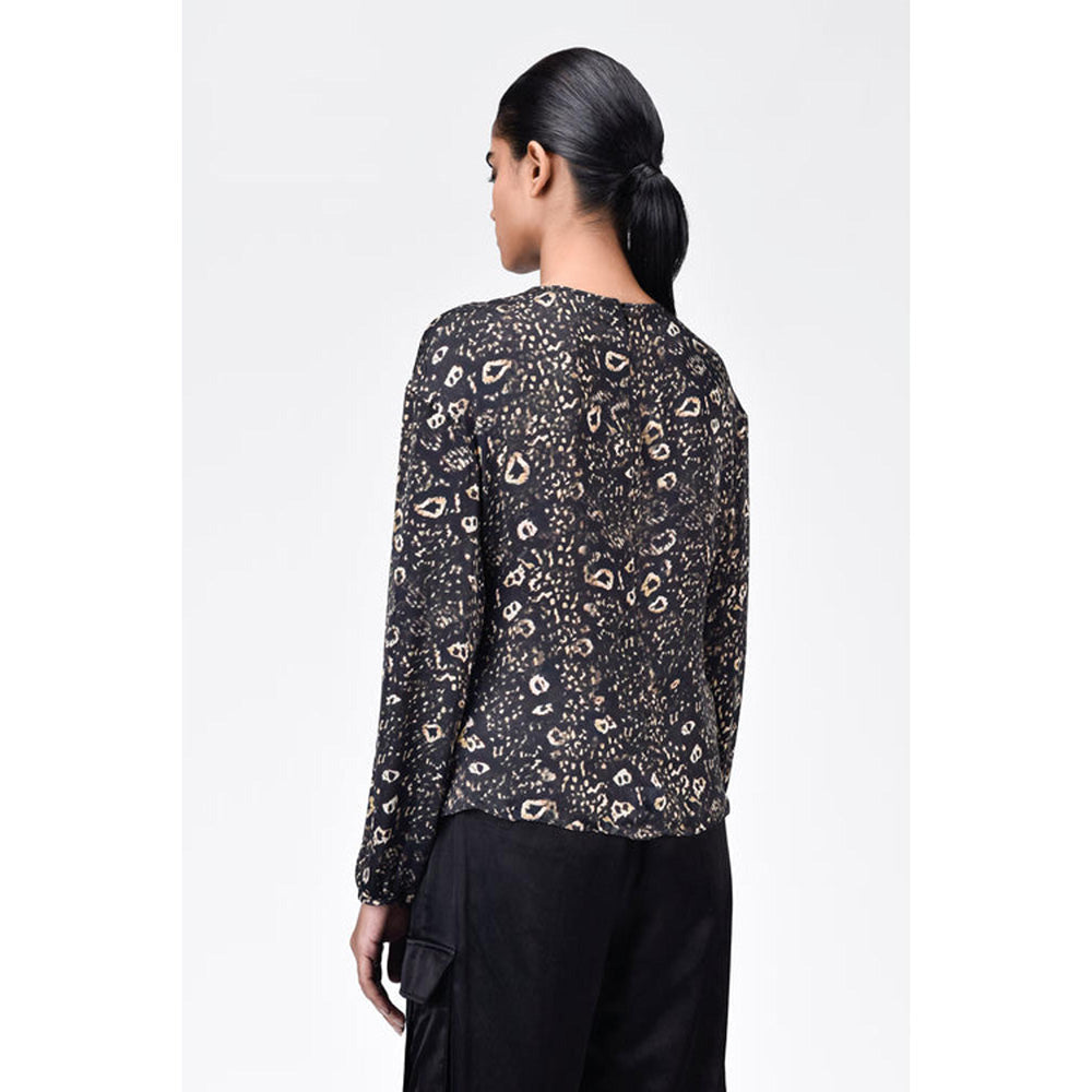 Genes Lecoanet Hemant Straight Fit Viscose Satin Top With Twisted Knot And Animal Print