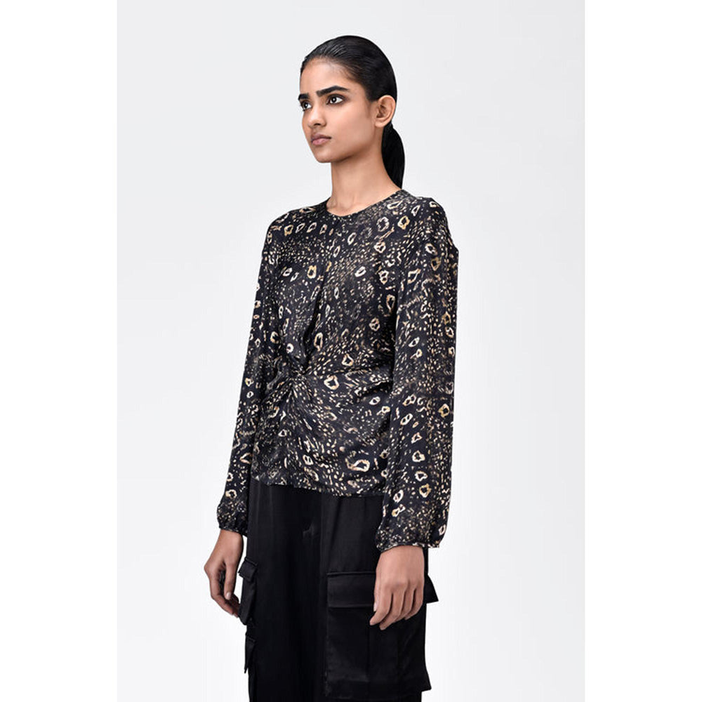 Genes Lecoanet Hemant Straight Fit Viscose Satin Top With Twisted Knot And Animal Print
