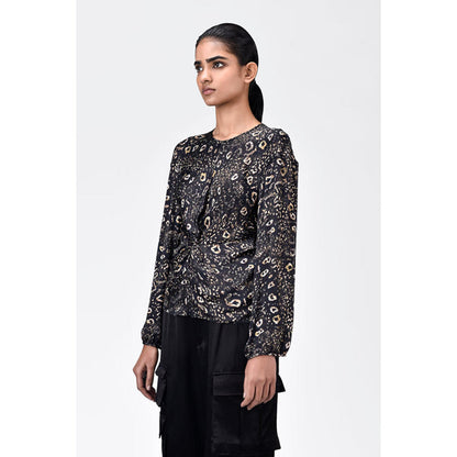 Genes Lecoanet Hemant Straight Fit Viscose Satin Top With Twisted Knot And Animal Print