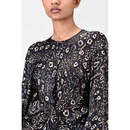Genes Lecoanet Hemant Straight Fit Viscose Satin Top With Twisted Knot And Animal Print