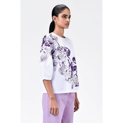 Genes Lecoanet Hemant Women'S Orchid Print Straight Fit Cotton Poplin Top-White