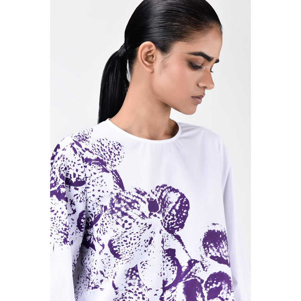 Genes Lecoanet Hemant Women'S Orchid Print Straight Fit Cotton Poplin Top-White