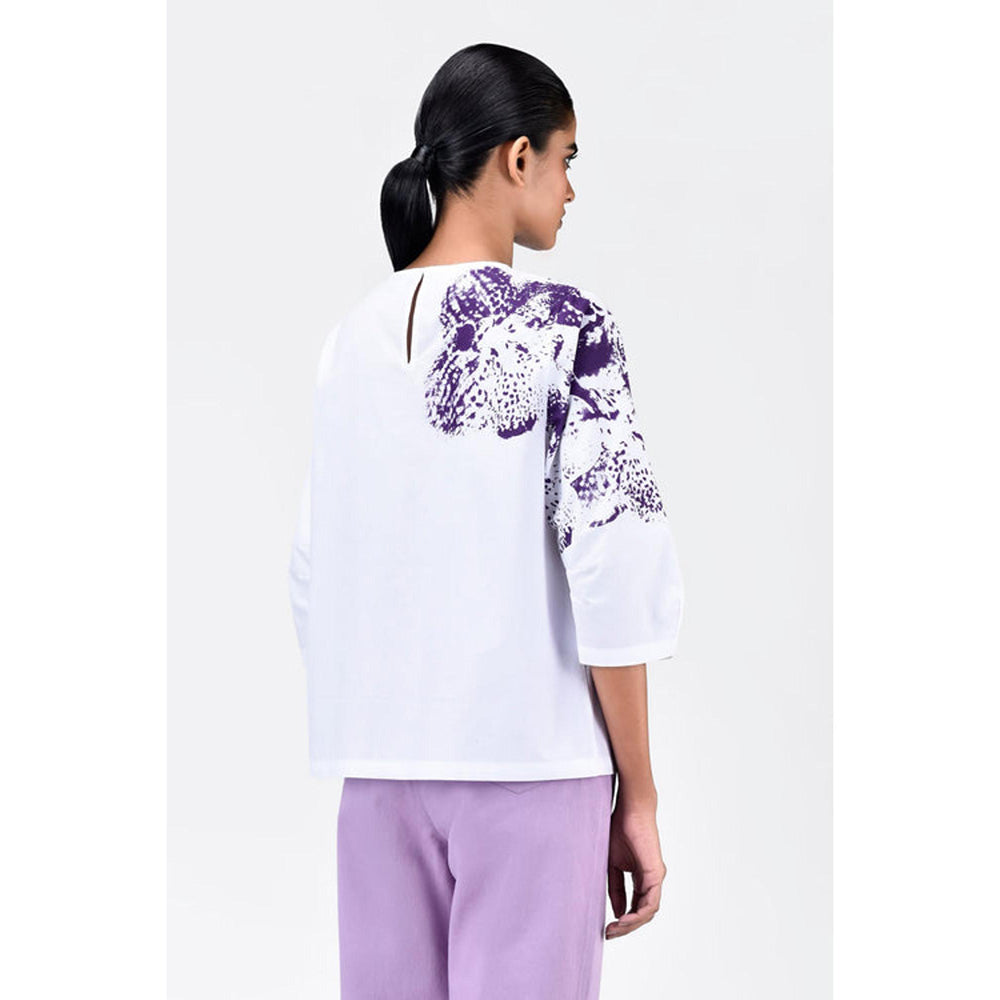 Genes Lecoanet Hemant Women'S Orchid Print Straight Fit Cotton Poplin Top-White