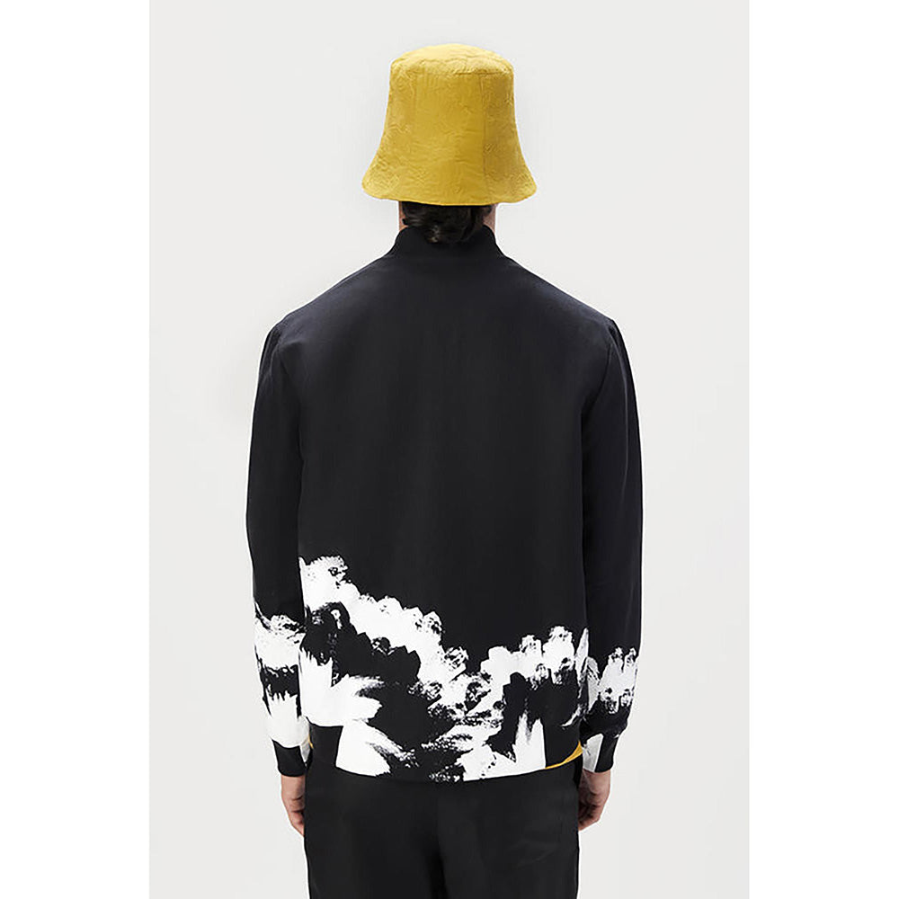 Genes Lecoanet Hemant Black Linen Printed Bomber Jacket