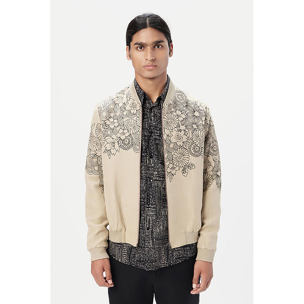 Genes Lecoanet Hemant Beige Linen Floral Bomber Jacket