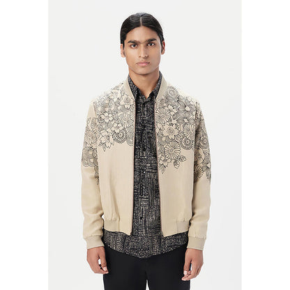 Genes Lecoanet Hemant Beige Linen Floral Bomber Jacket