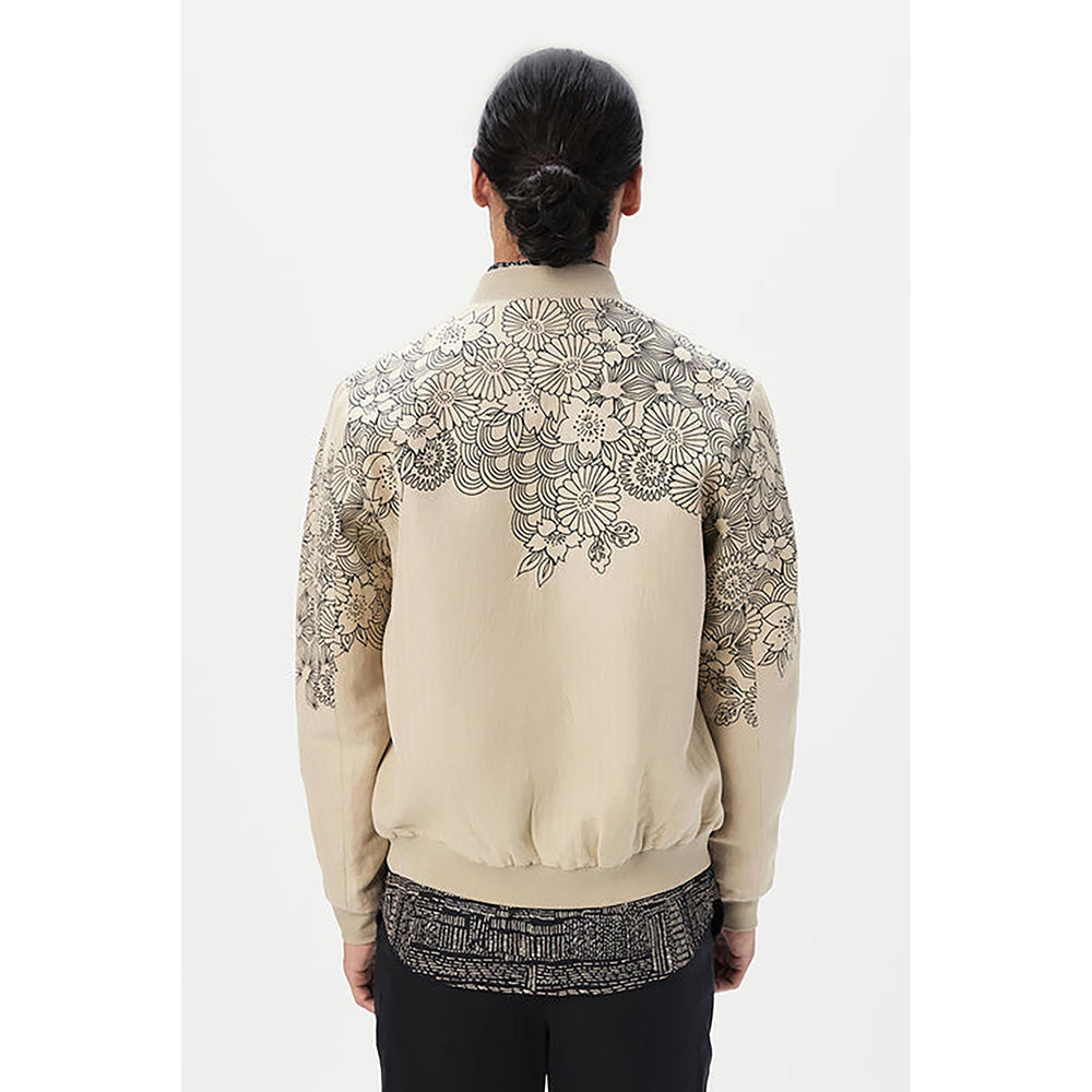Genes Lecoanet Hemant Beige Linen Floral Bomber Jacket