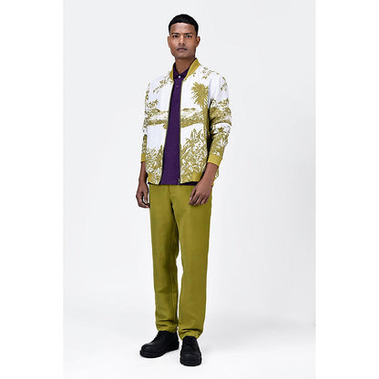 Genes Lecoanet Hemant Men'S Linen Herringbone Easy Fit Bomber Jacket-Bright Olive