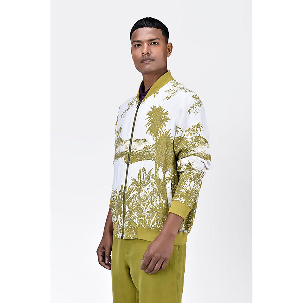 Genes Lecoanet Hemant Men'S Linen Herringbone Easy Fit Bomber Jacket-Bright Olive