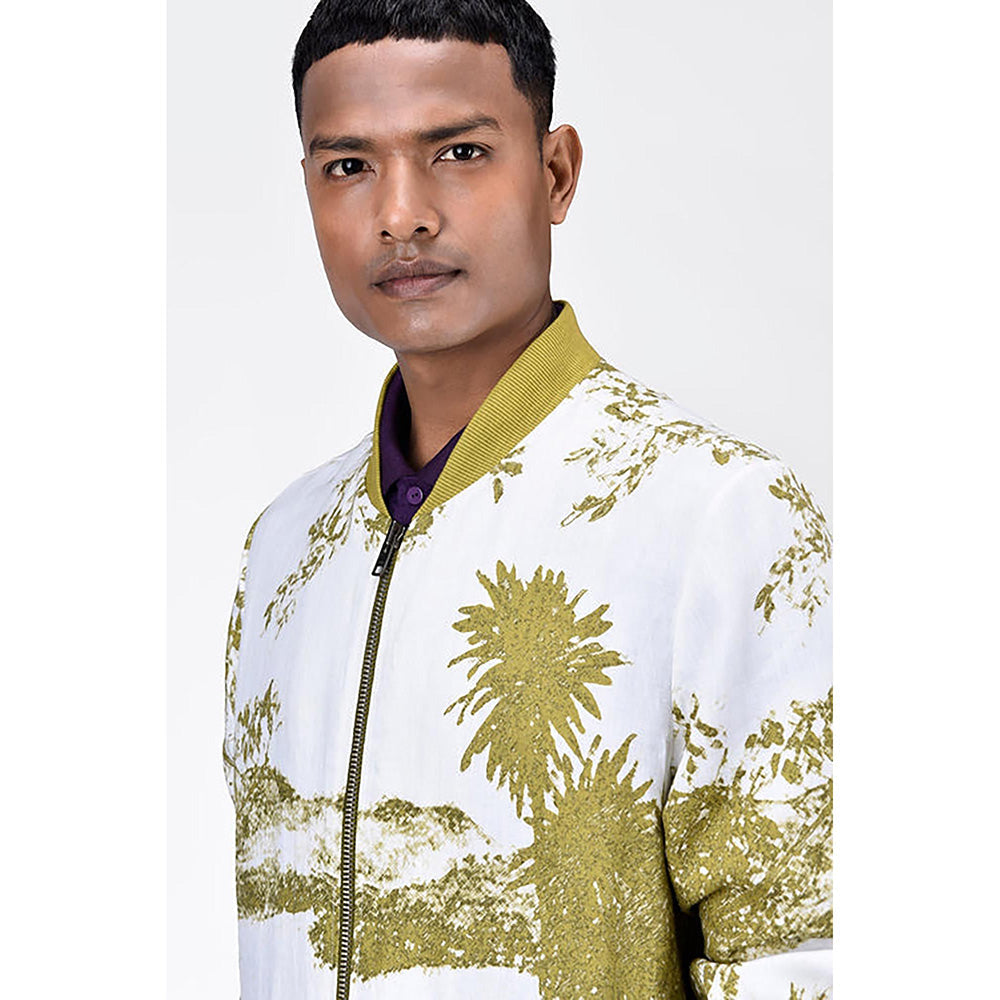 Genes Lecoanet Hemant Men'S Linen Herringbone Easy Fit Bomber Jacket-Bright Olive