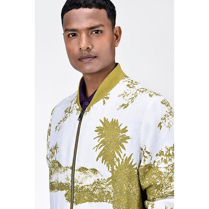 Genes Lecoanet Hemant Men'S Linen Herringbone Easy Fit Bomber Jacket-Bright Olive