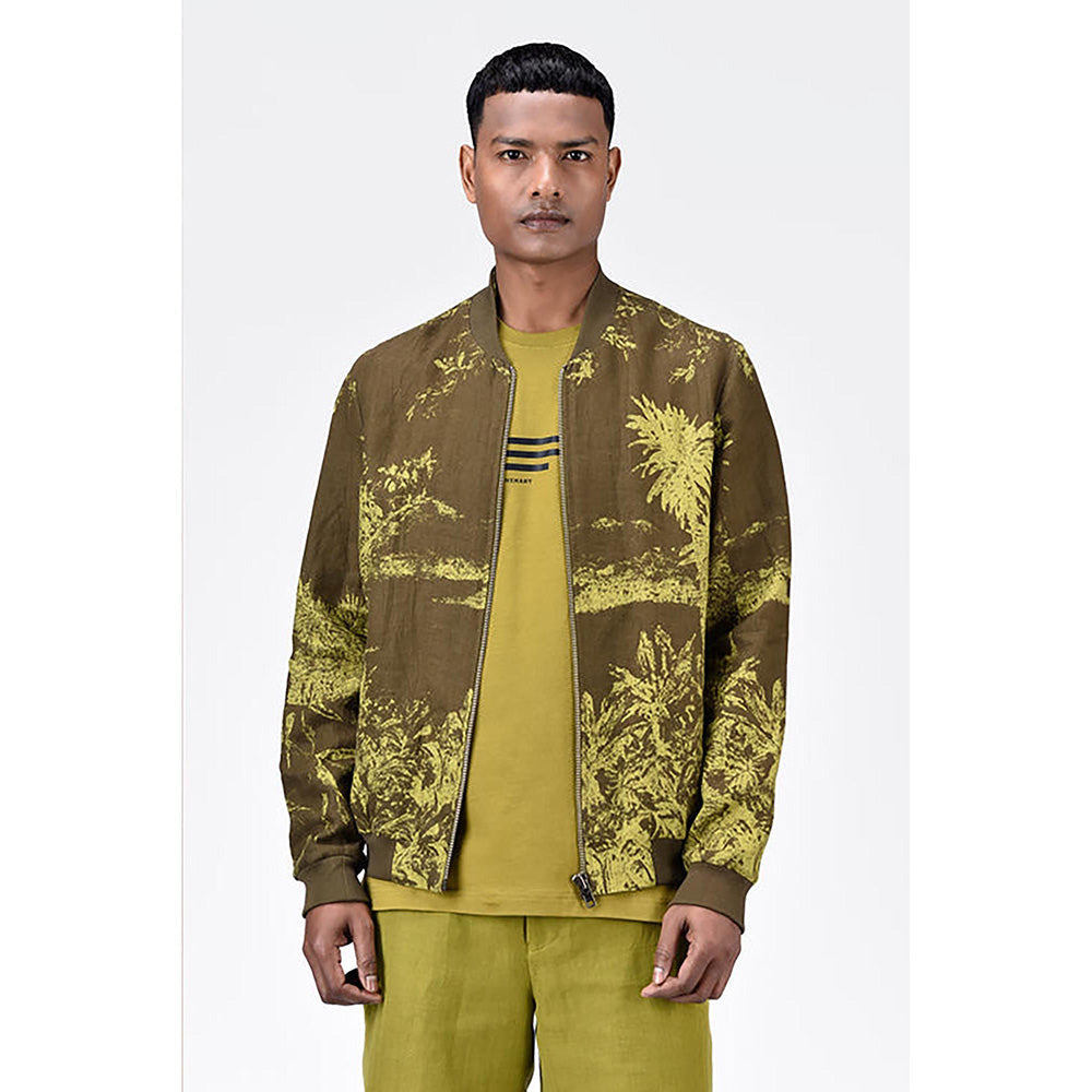 Genes Lecoanet Hemant Men'S Linen Herringbone Easy Fit Bomber Jacket -Khaki