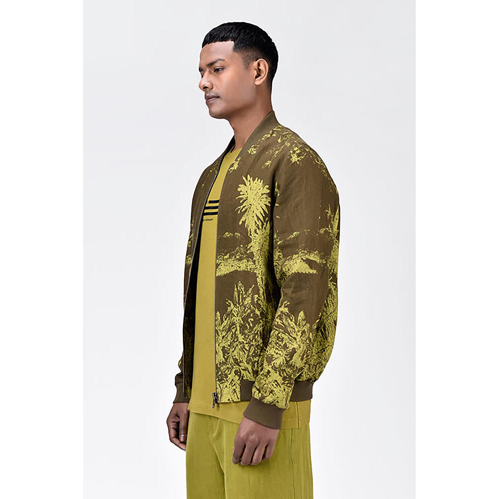 Genes Lecoanet Hemant Men'S Linen Herringbone Easy Fit Bomber Jacket -Khaki