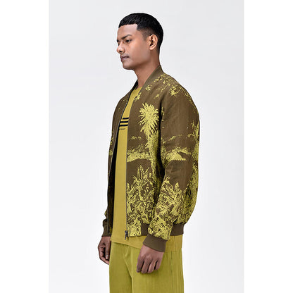 Genes Lecoanet Hemant Men'S Linen Herringbone Easy Fit Bomber Jacket -Khaki