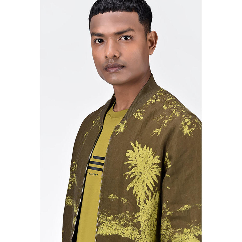 Genes Lecoanet Hemant Men'S Linen Herringbone Easy Fit Bomber Jacket -Khaki