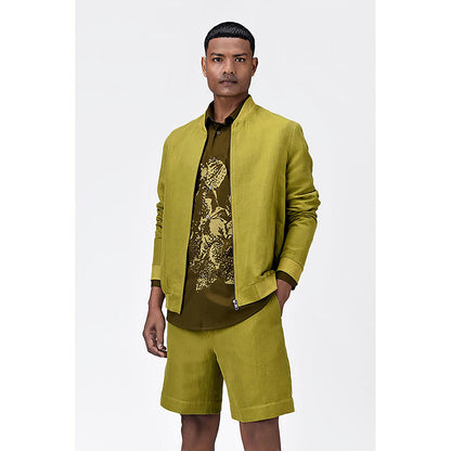 Genes Lecoanet Hemant Green Linen Solid/Plain Bomber Jacket