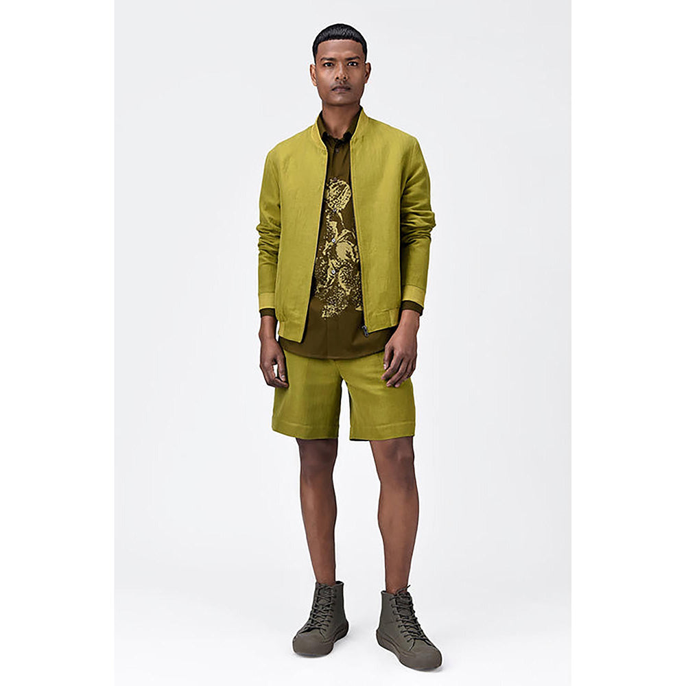 Genes Lecoanet Hemant Green Linen Solid/Plain Bomber Jacket