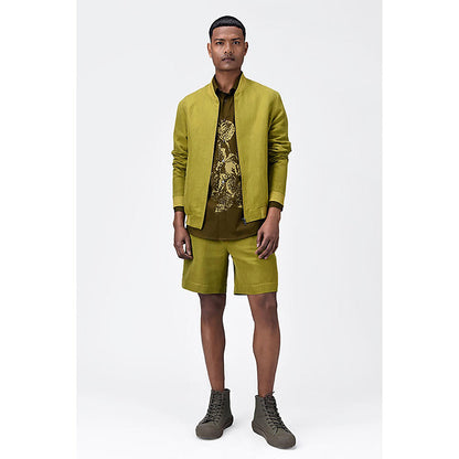 Genes Lecoanet Hemant Green Linen Solid/Plain Bomber Jacket