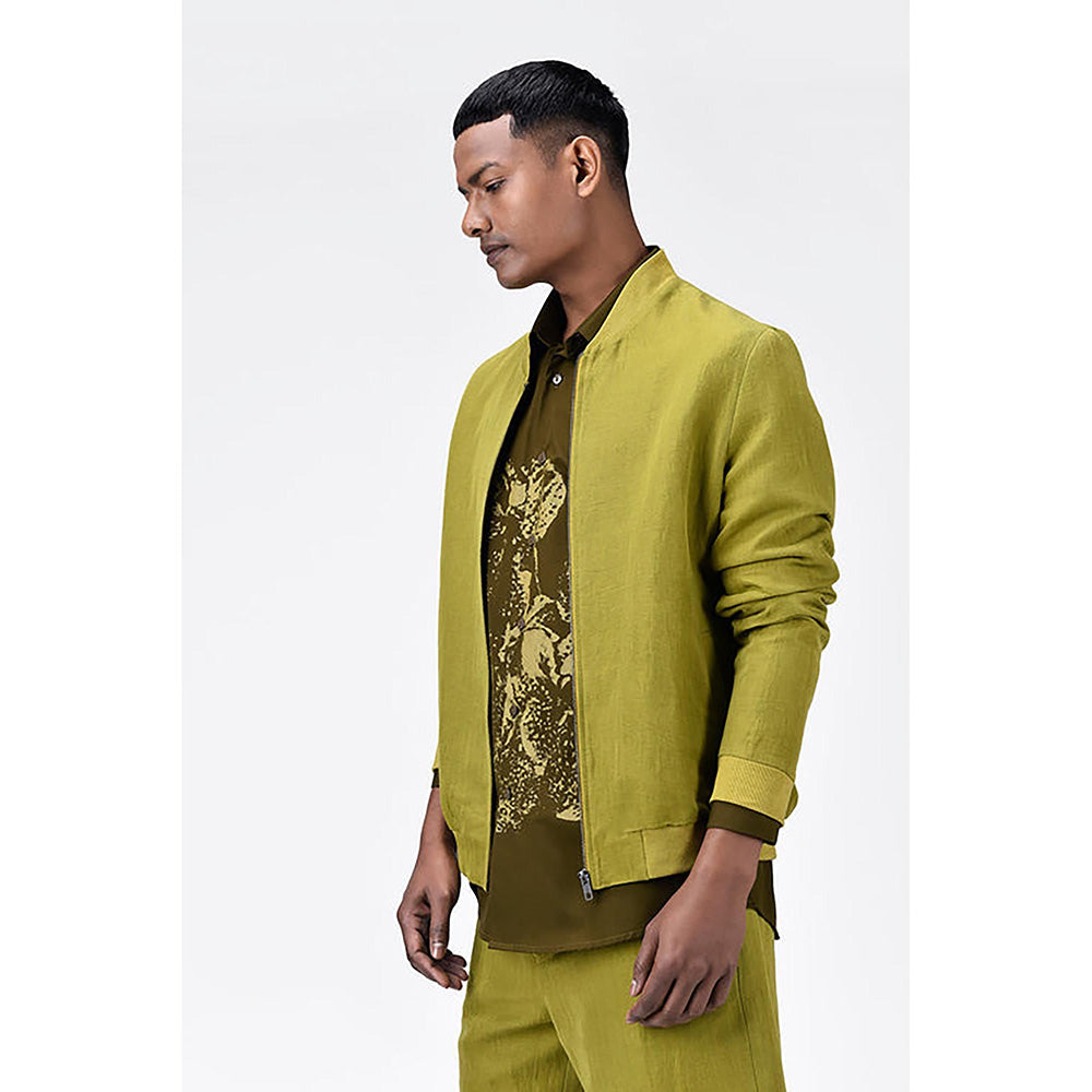 Genes Lecoanet Hemant Green Linen Solid/Plain Bomber Jacket