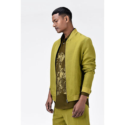 Genes Lecoanet Hemant Green Linen Solid/Plain Bomber Jacket