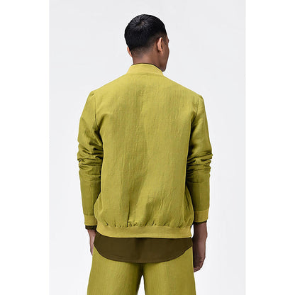 Genes Lecoanet Hemant Green Linen Solid/Plain Bomber Jacket